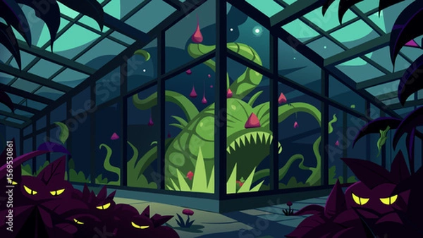 Obraz A Spooky Overgrown Greenhouse Filled with Various Monstrous and Carnivorous Plants