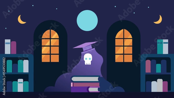 Obraz The Interior of a Haunted Library with Floating Books and Ghostly Glowing Orbs