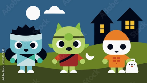 Obraz Cute Chibi Style Classic Monsters like Dracula and Wolfman Gather for Halloween