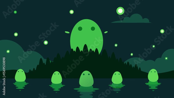 Obraz A Swarm of Green Fireflies Magically Forms the Shape of a Ghost in the Night