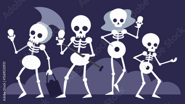 Obraz A Lively Group of Skeletons Enjoy a Graveyard Party Under the Full Moon Illustration