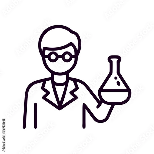Fototapeta Scientist holding laboratory flask in minimalist outline style  