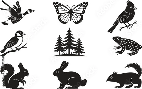 Fototapeta Black Silhouette Illustration of Animals and Nature Bird, Butterfly, Squirrel, Rabbit, Trees, Frog