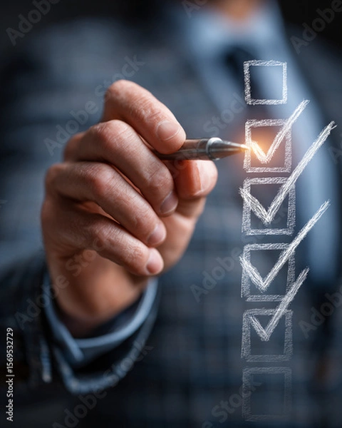 Fototapeta Hand marking checklist with pen in a business setting close up view