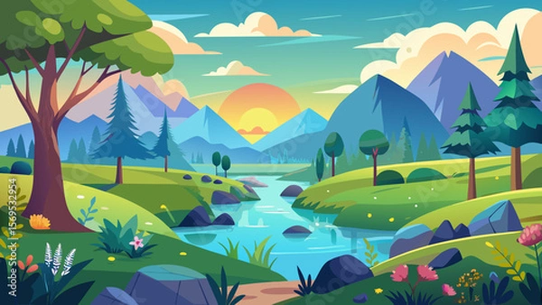 Fototapeta summer landscape with lake and mountains