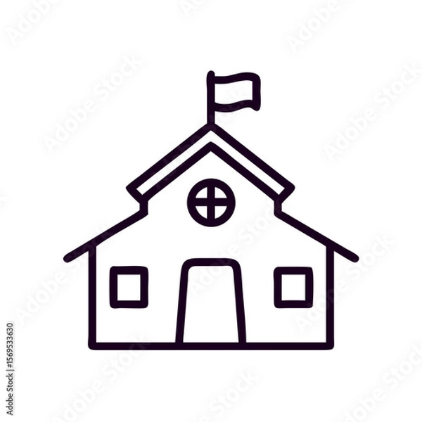 Fototapeta School building icon with flag in outline style  