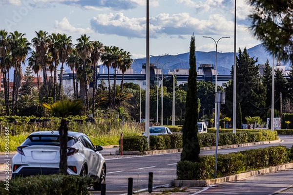 Obraz Cars drive along a road with greenery and palm trees in the background in the city of Gandia, Spain	
