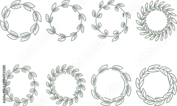 Fototapeta Elegant Floral Wreaths Eight HandDrawn Greenery Circle Frames for Design Projects