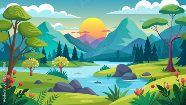 Fototapeta Vibrant cartoon landscape with a river mountains and a setting sun