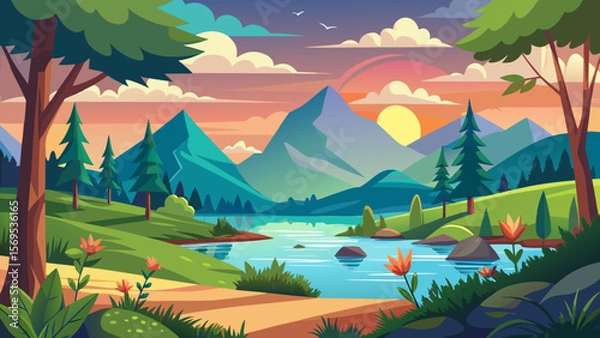 Fototapeta Vibrant mountain landscape with a serene lake at sunset with colorful clouds