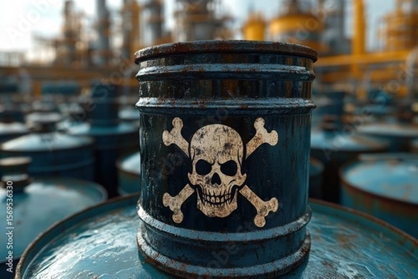 Fototapeta Toxins symbol with skull and crossbones on hazardous barrel with copy space. Harsh industrial lighting. 