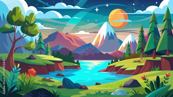 Fototapeta Vibrant flat design landscape with mountains lake and sun