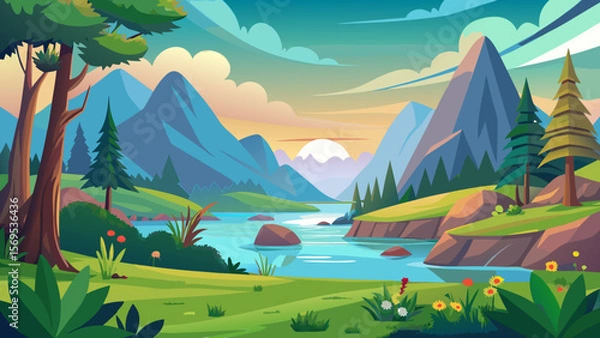 Fototapeta Serene mountain landscape with a winding river and lush greenery at sunset