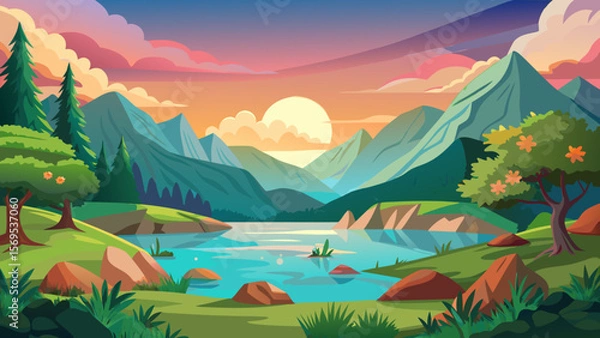 Fototapeta Serene mountain lake at sunset with vibrant colorful sky and lush green landscape