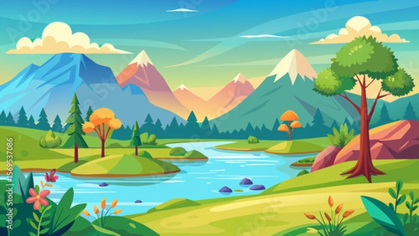 Fototapeta Vibrant cartoon landscape with snow capped mountains and a winding river