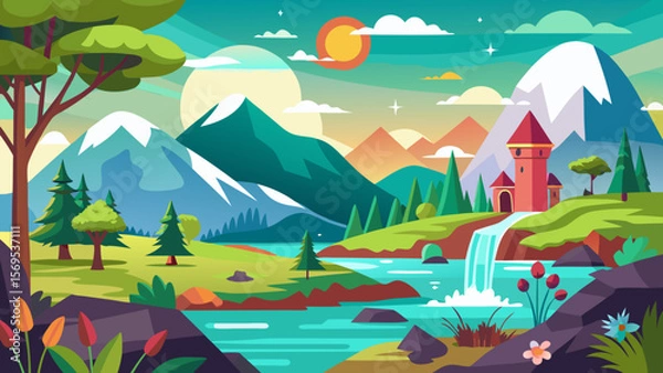 Fototapeta Enchanting fantasy landscape with a castle waterfall and snow capped mountains