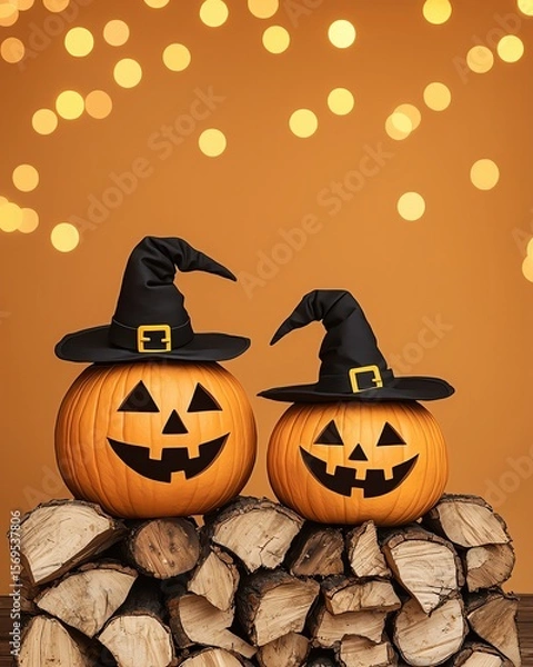 Obraz Halloween pumpkins with witch hats on firewood stack in moonlit backyard, subtle bokeh lights in background, upper area intentionally blank for advertising