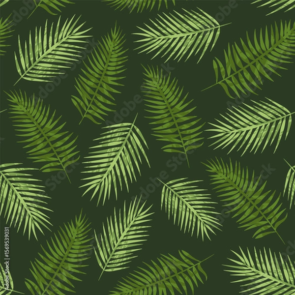 Fototapeta Green tropical foliage, nature dark background, seamless abstract palm leaves pattern. Vector illustration for fabric, wallpaper, package, banners