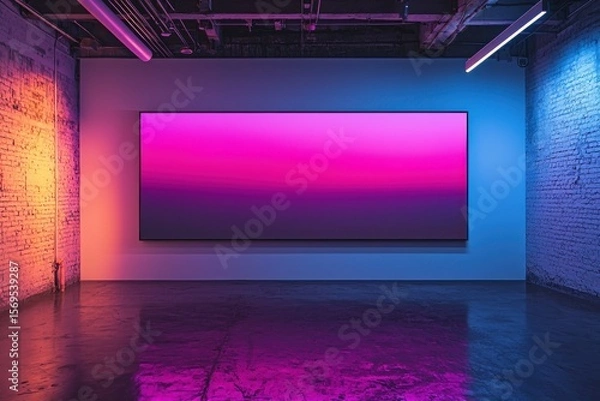 Fototapeta Dynamic Gradient Display on Large Screen in Modern Neon Lit Interior interior screen display modern gradient dynamic gallery studio large screen wall architecture concrete floor brick wall lighting