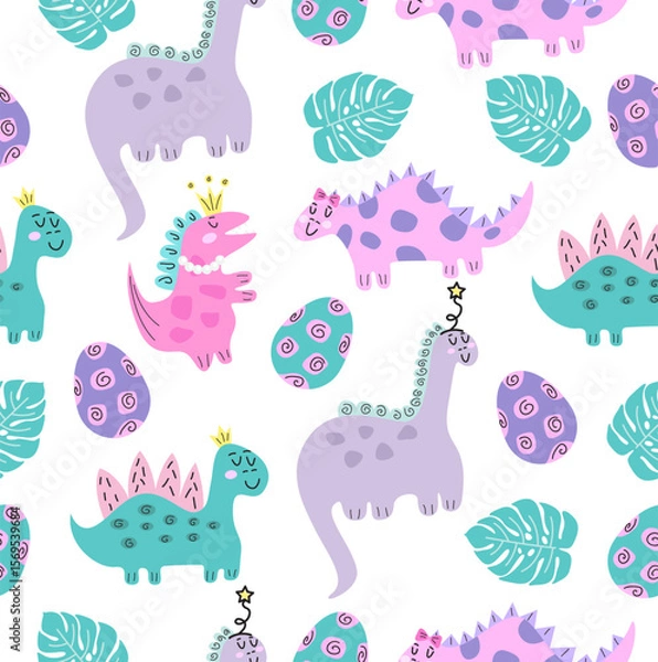 Fototapeta A pattern of cute dinorosaurs on a white background.