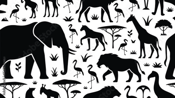 Fototapeta Seamless Pattern of Black Silhouettes of African Animals and Trees on White Background