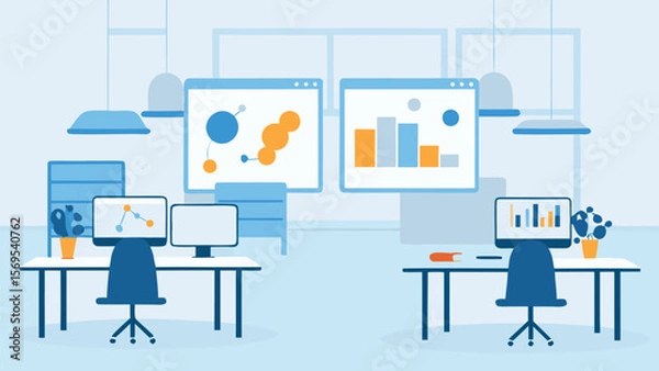 Fototapeta Illustration of an office space with desks computers and data visualizations on the screens shown here