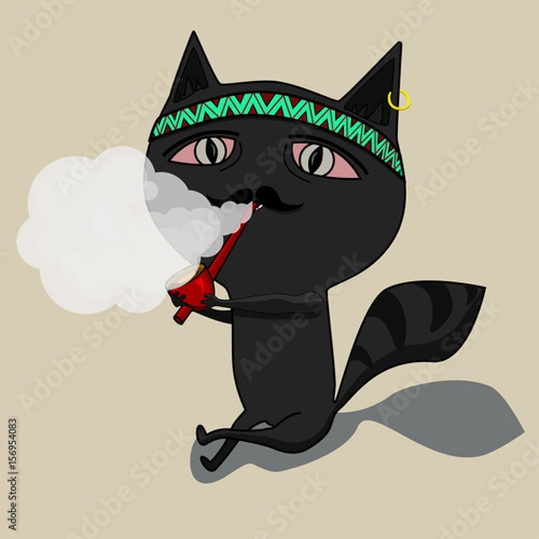 Fototapeta The cat clears a pipe, shaman. Cute black cartoon cat. Big mustache whisker. Funny character. Flat design. Isolated. Vector illustration