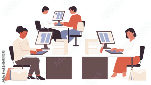 Fototapeta Illustration of people working at desks with computers in an office environment setting indoors