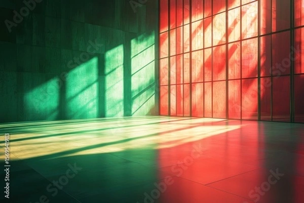 Fototapeta Dramatic Colorful Light and Shadow in Modern Empty Room room empty light shadow modern dramatic colorful interior window color red green abstract architecture space atmospheric render concrete wall