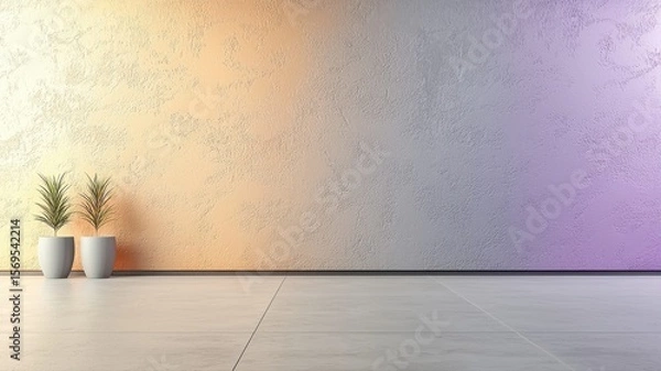 Fototapeta Vibrant Gradient Wall and Floor with Minimalist Plants gradient wall floor minimalist textured wall tile potted plants indoor plants modern interior empty room backdrop background copy space orange