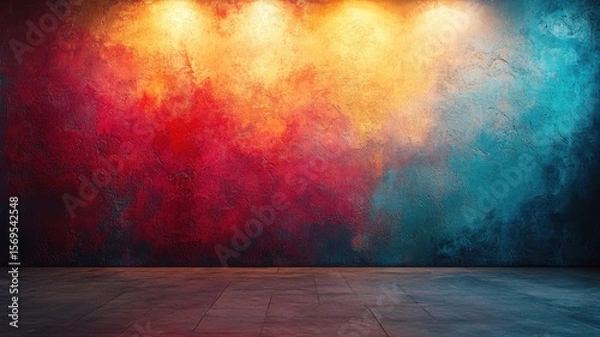 Fototapeta Vibrant Gradient Light on Textured Wall Background background wall gradient vibrant abstract texture colorful red orange yellow blue teal grunge rustic concrete floor room empty room dark lighting