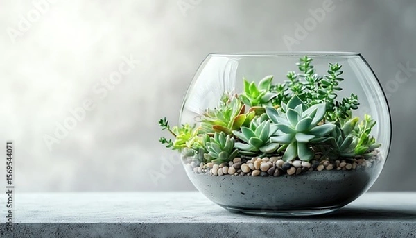Fototapeta a glass terrarium with succulents and tiny pebbles, watercolor style, fogged glass on the edges, earthy green tones, sitting on a modern concrete shelf, white background