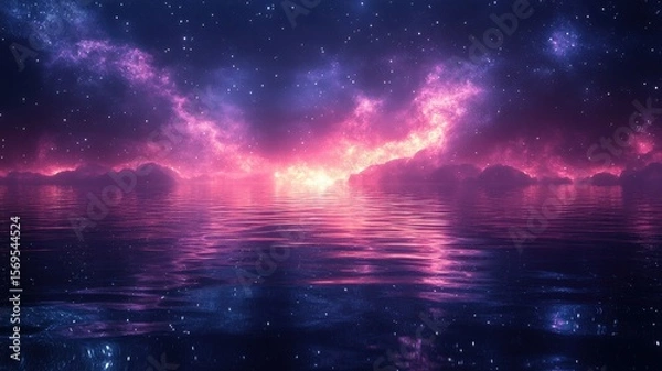 Fototapeta Cosmic Nebula Reflection over Calm Water nebula water reflection calm cosmic galaxy space stars night sky cosmos universe landscape fantasy science fiction surreal ethereal atmospheric tranquil dreamy