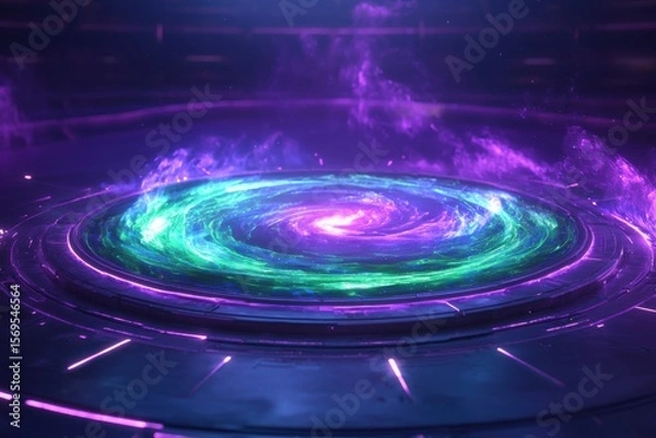 Fototapeta Futuristic Digital Energy Vortex Portal on Platform vortex portal energy futuristic digital platform light technology space cosmic glowing swirling purple blue green abstract sci-fi circle power neon