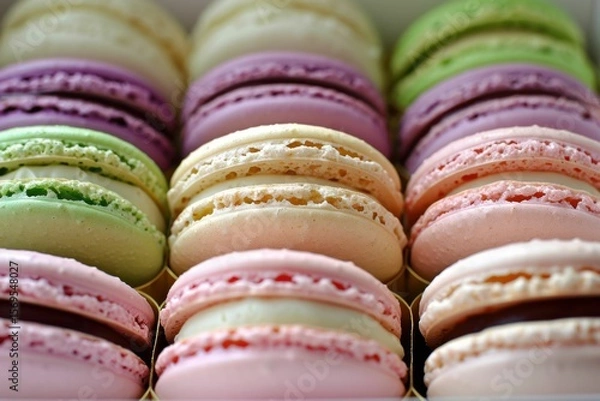 Fototapeta Colorful macarons arranged beautifully in a pastry box during a dessert display event