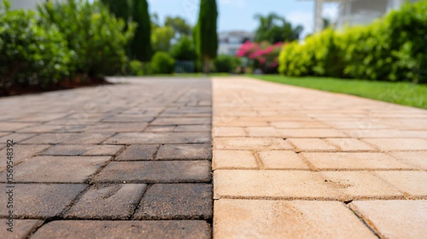 Fototapeta contrast between auto block slab patio paving slabs floor dirty clean pressured washed before and after cleaning 18249965 1