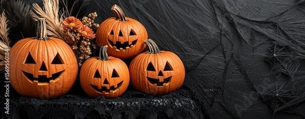 Obraz Halloween background with pumpkins and jackolanterns on a vintage wooden crate surrounded by dry wheat and acorns, misty night with soft candlelight glow