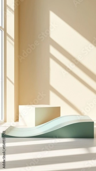 Fototapeta Minimalist Studio Scene with Geometric Podium and Sunlight Shadows minimalist studio podium geometric sunlight scene background product display pedestal shadow window beige green blue modern abstract