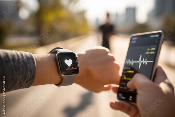 Fototapeta Smartwatch displaying heart rate data on wrist while runner checks fitness app on smartphone, showcasing modern technology in health and fitness tracking outdoors