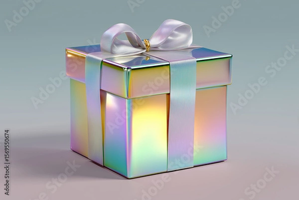 Fototapeta Iridescent gift box with a shiny ribbon sits on a soft gradient background, showcasing vibrant colors and reflecting light