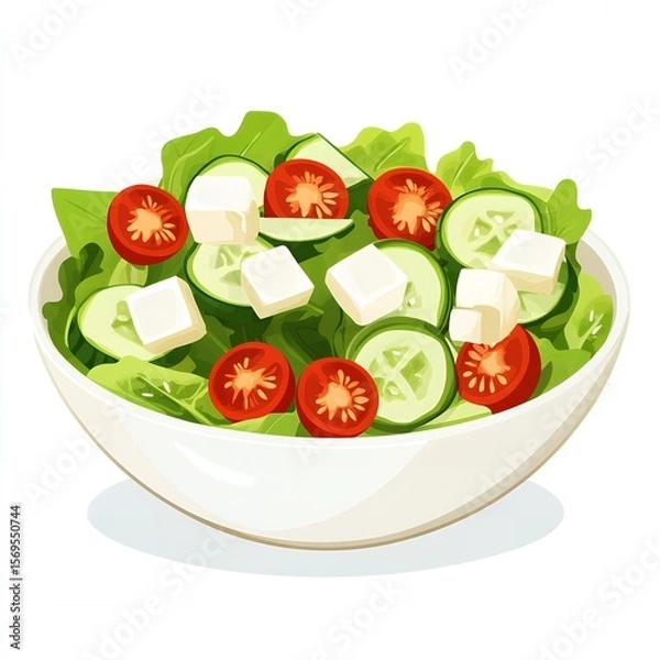 Obraz Fresh Green Salad with Cucumber Tomato and Feta Cheese in Bowl