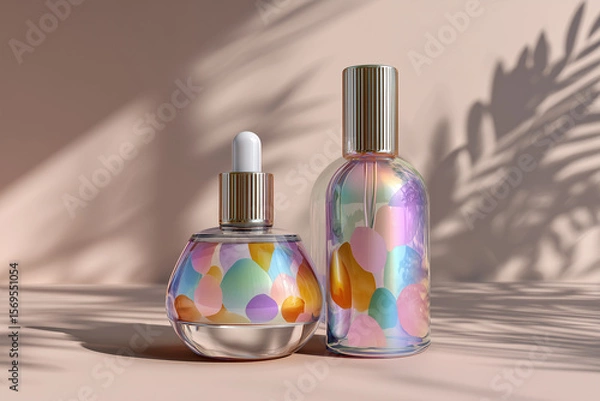 Fototapeta Colorful cosmetic bottles with playful patterns, featuring a dropper and a spray cap, elegantly displayed on a soft surface