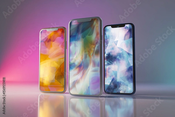 Fototapeta Three smartphones with vibrant abstract wallpapers displayed on a reflective surface, showcasing modern design