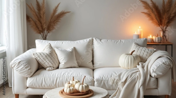 Fototapeta Cozy room in scandinavian style with white sofa, white pumpkins and burning candles on wooden table, thanksgiving decor