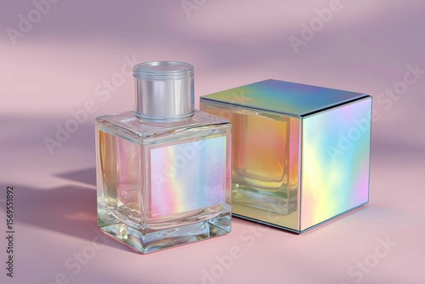 Fototapeta Glass perfume bottle with iridescent reflections beside a colorful box on a soft pink background, showcasing luxury packaging