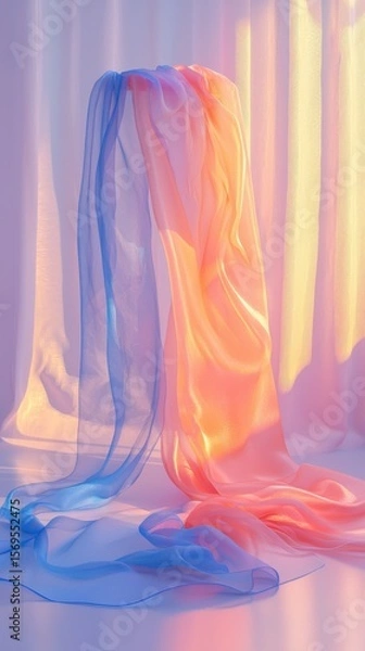 Fototapeta Ethereal Pastel Fabric Draped in Sunlight pastel sunlight ethereal draped cloth textile drapery sheer translucent transparent blue pink orange gradient colorful light shadow texture background art