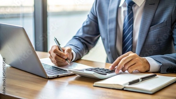 Fototapeta Budgeting and accounting. Close up cropped shot businessman hands using notebook and calculator at workplace to manage business expenses pay utilities online review financial bills invoices tax forms