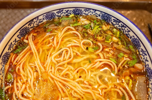 Obraz Lanzhou hand-pulled noodles served in blue and white porcelain bowl‌