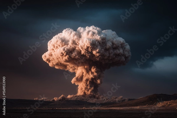 Fototapeta Massive explosion cloud rises dramatically against a dark sky, showcasing a powerful display of smoke and dust, creating a striking visual impact in the landscape