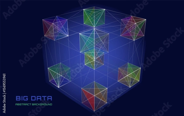 Fototapeta Abstract 3D grid cube. From dots and lines on dark blue. Primitive object. 3D technology design. Futuristic wireframe structure for technology or science concepts. Vector Illustration.